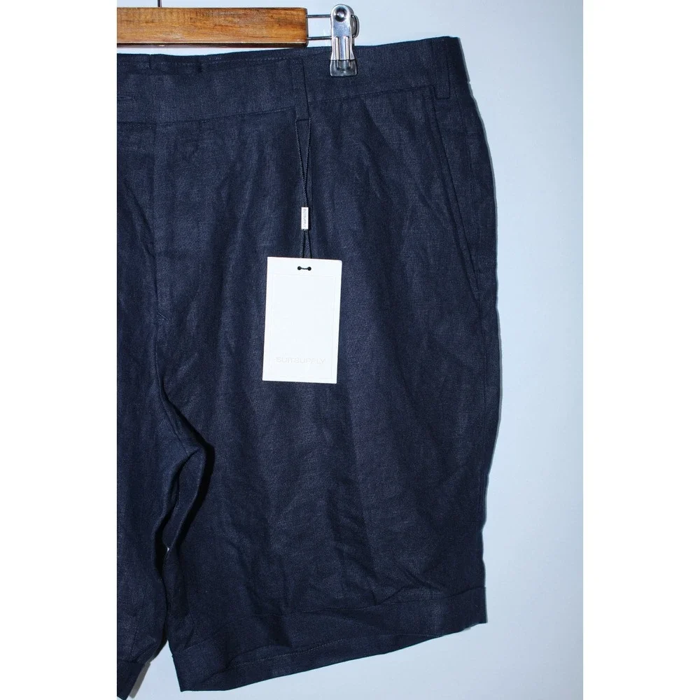 NWT Suitsupply Men's Size IT 40/38 Waist Navy Blue Linen Bennington Pleat Shorts - Picture 3 of 11